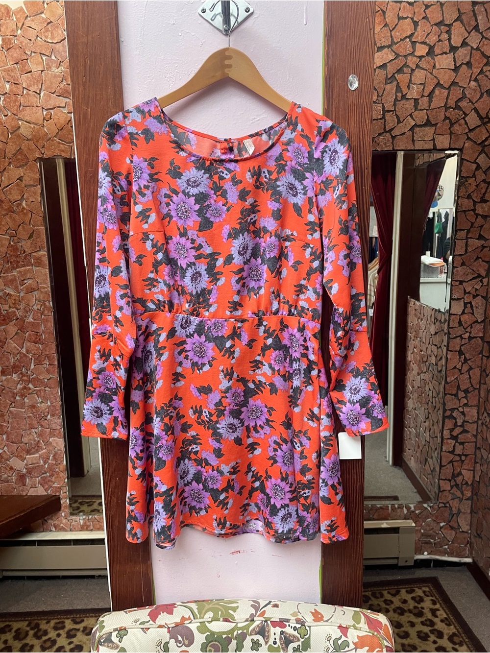 Free people  Orange Floral Long-Sleeve Mini Dress